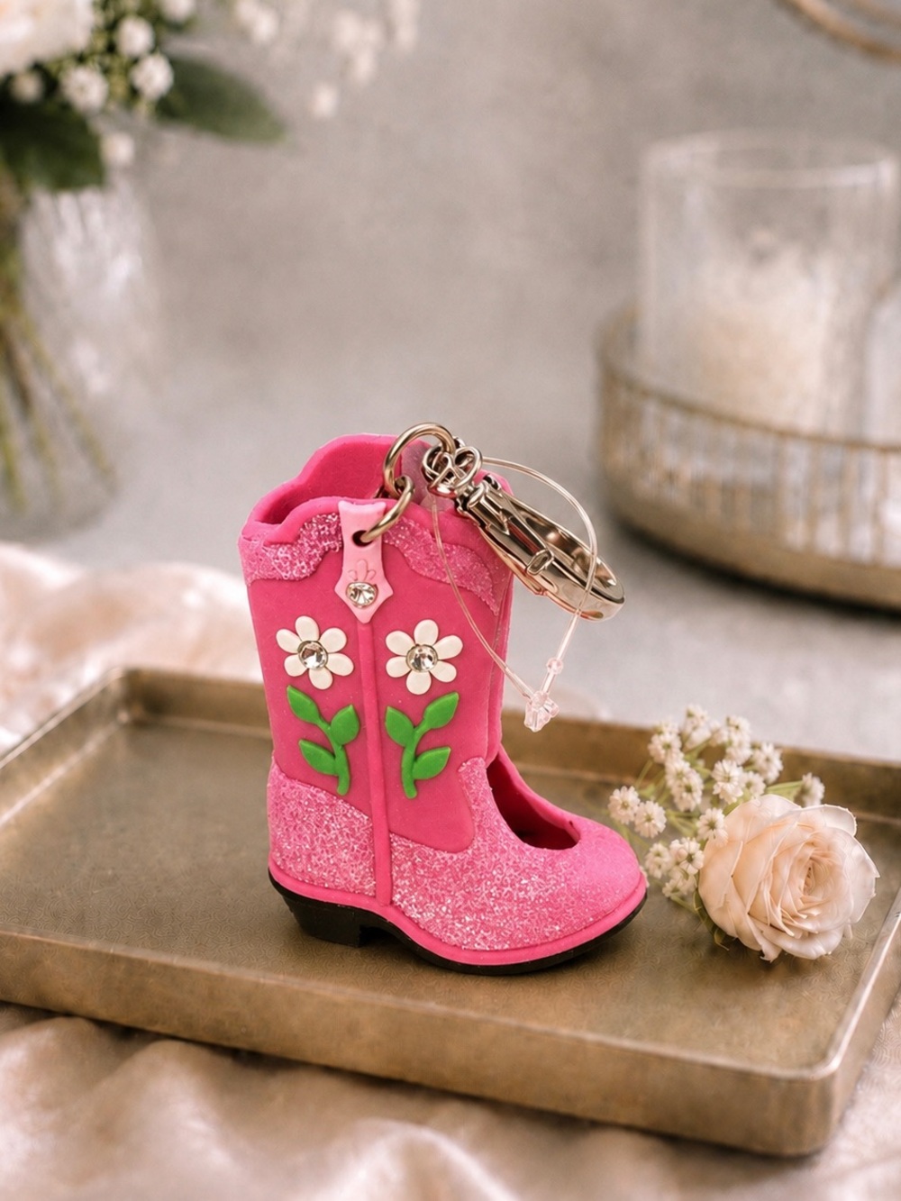 Pink Glitter Flower Boot Keychain NWOT